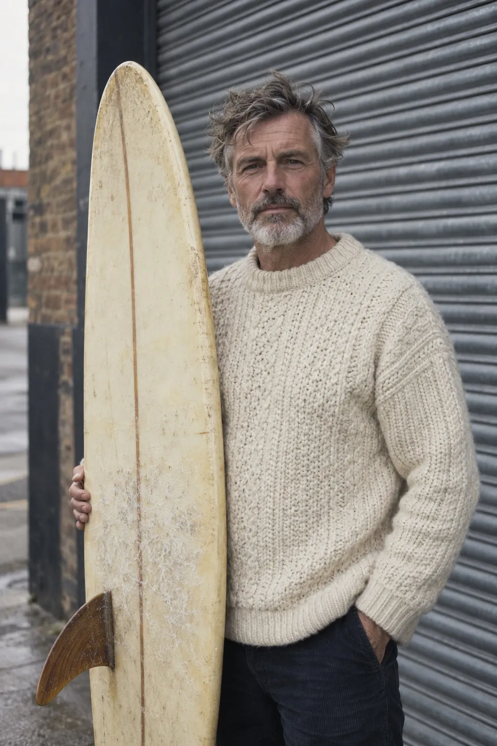 Portrait of Dave Kerr in a fisherman jumper holding a longboard